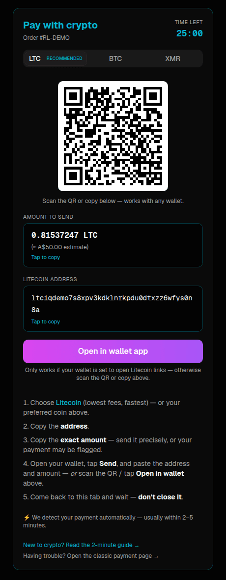 RetaLABS in-page crypto payment screen: Litecoin QR, copy-address and copy-amount buttons, and the 30-minute countdown