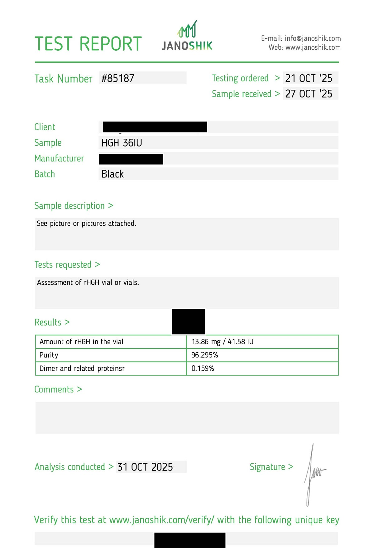 Redacted manufacturer Certificate of Analysis, batch HGH36-2510-01