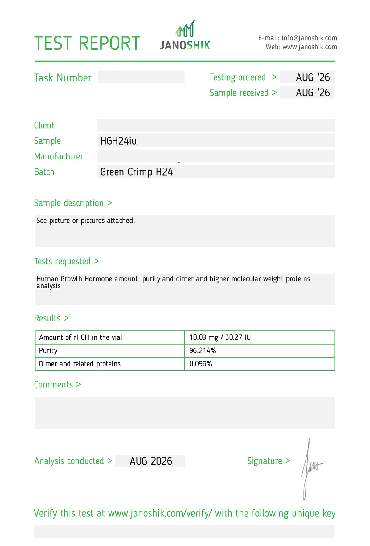 Redacted manufacturer Certificate of Analysis, batch H24-2608-01