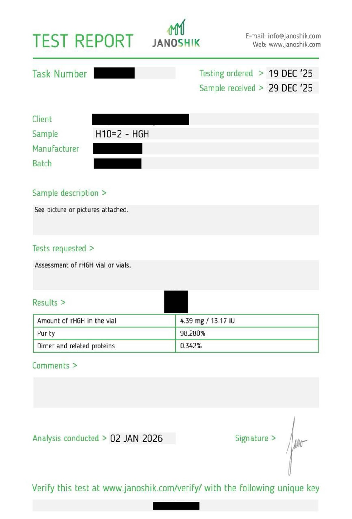 Redacted manufacturer Certificate of Analysis — batch HGH10-2601-01