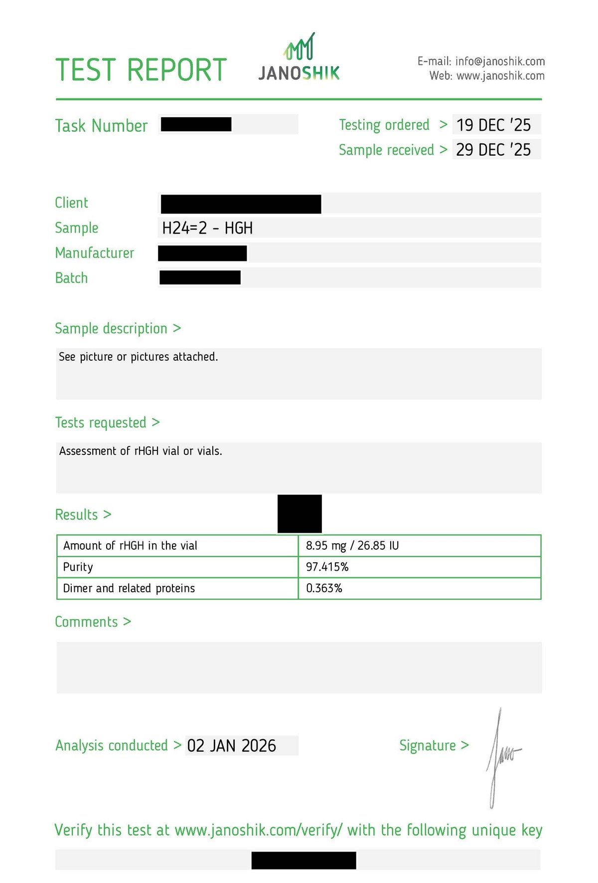 Redacted manufacturer Certificate of Analysis, batch HGH24-2601-01