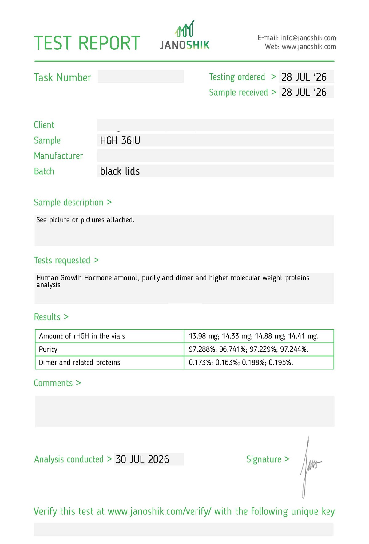 Redacted manufacturer Certificate of Analysis, batch HGH36-07-01