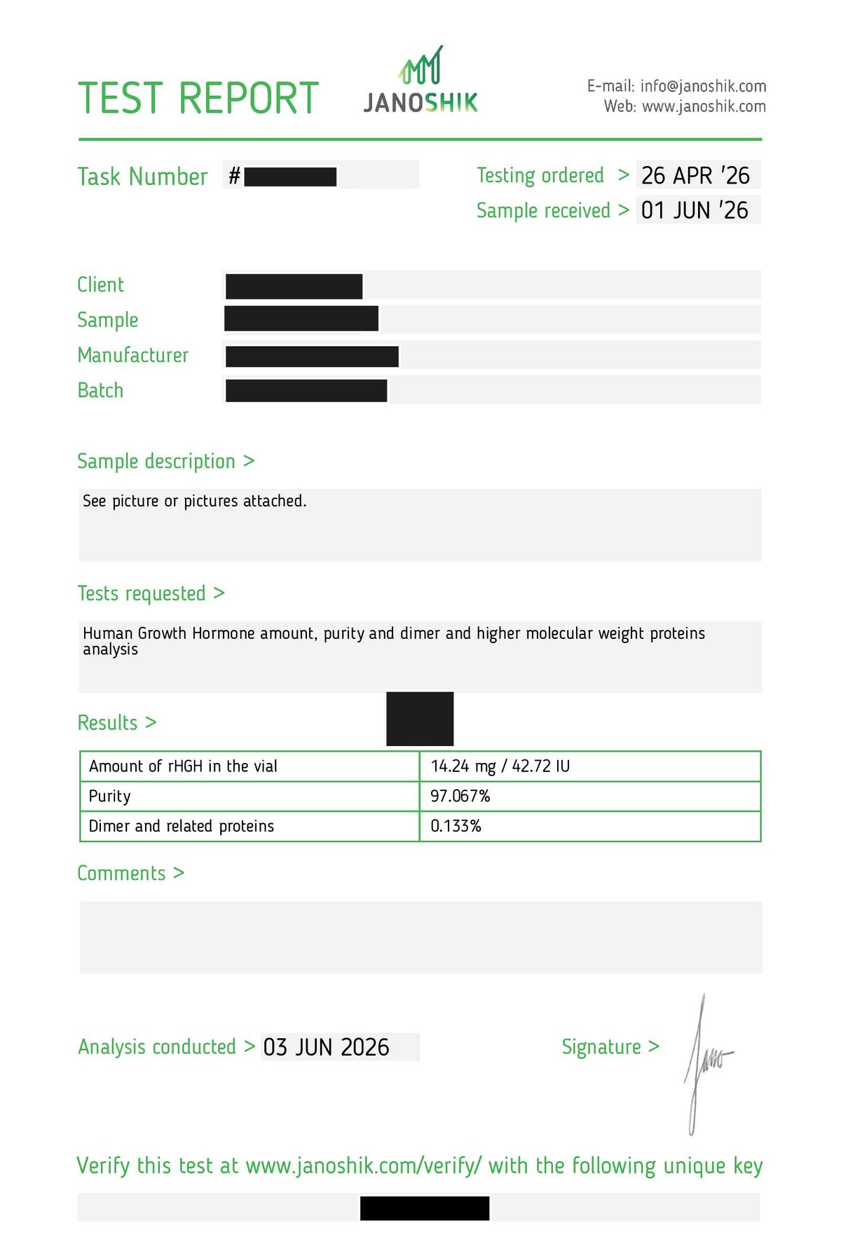 Redacted manufacturer Certificate of Analysis, batch HGH40-2606-01