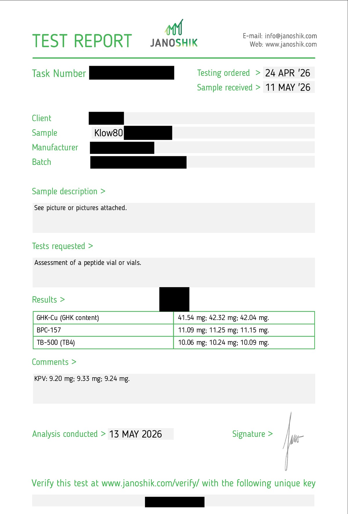 Redacted manufacturer Certificate of Analysis — batch KLOW80-2605-01