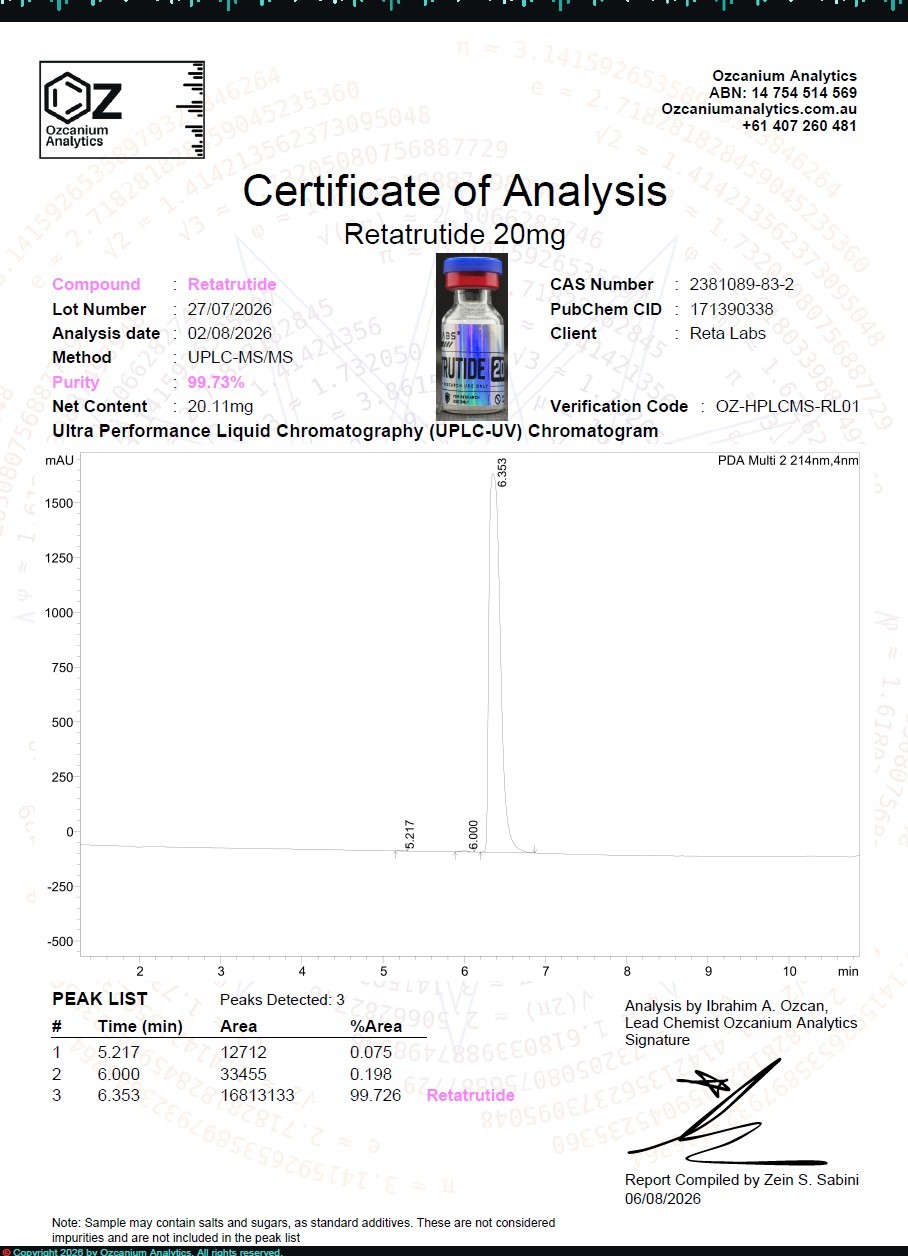 Redacted manufacturer Certificate of Analysis, batch RETA20-2608-01