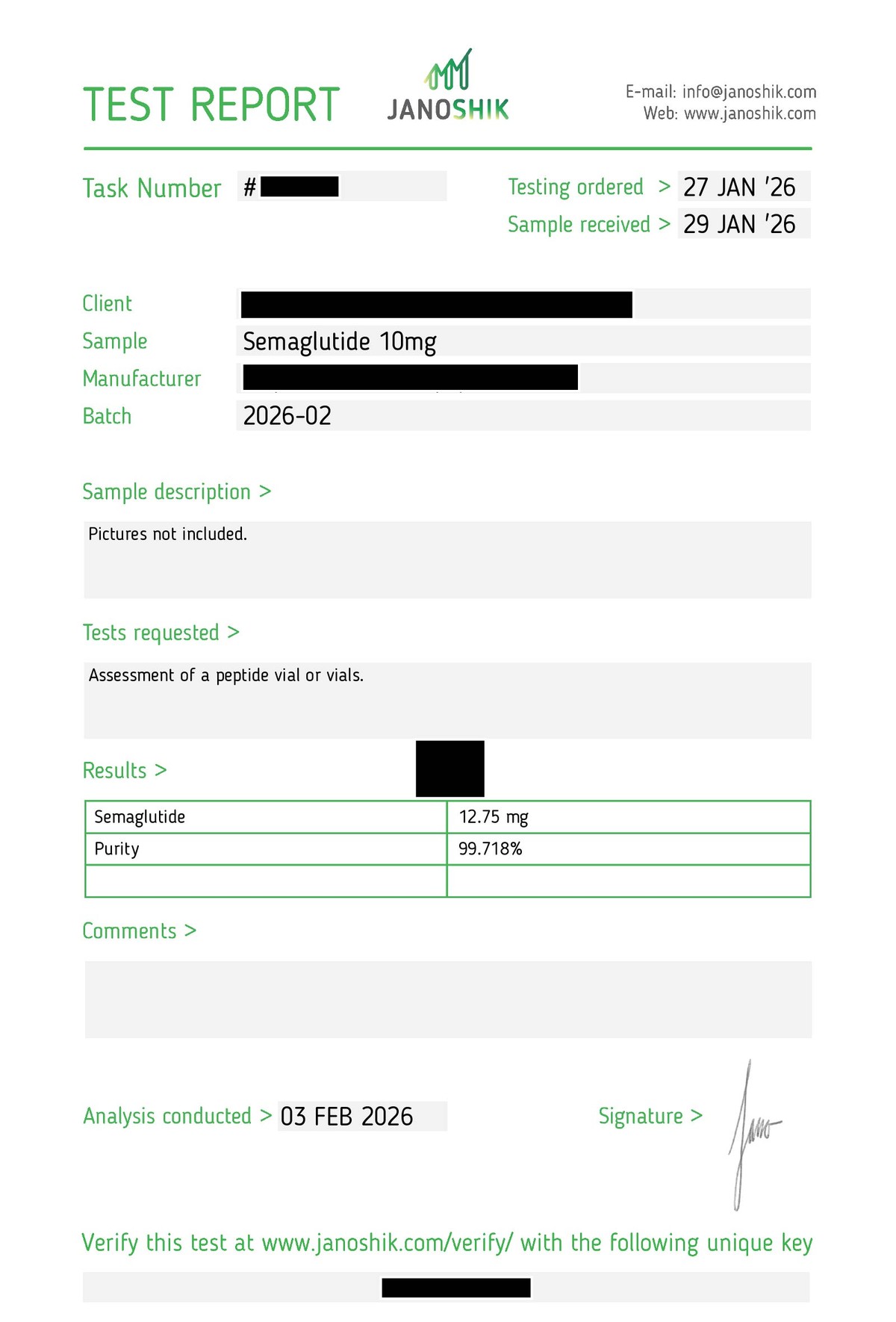 Redacted manufacturer Certificate of Analysis — batch SEMA10-2602-01