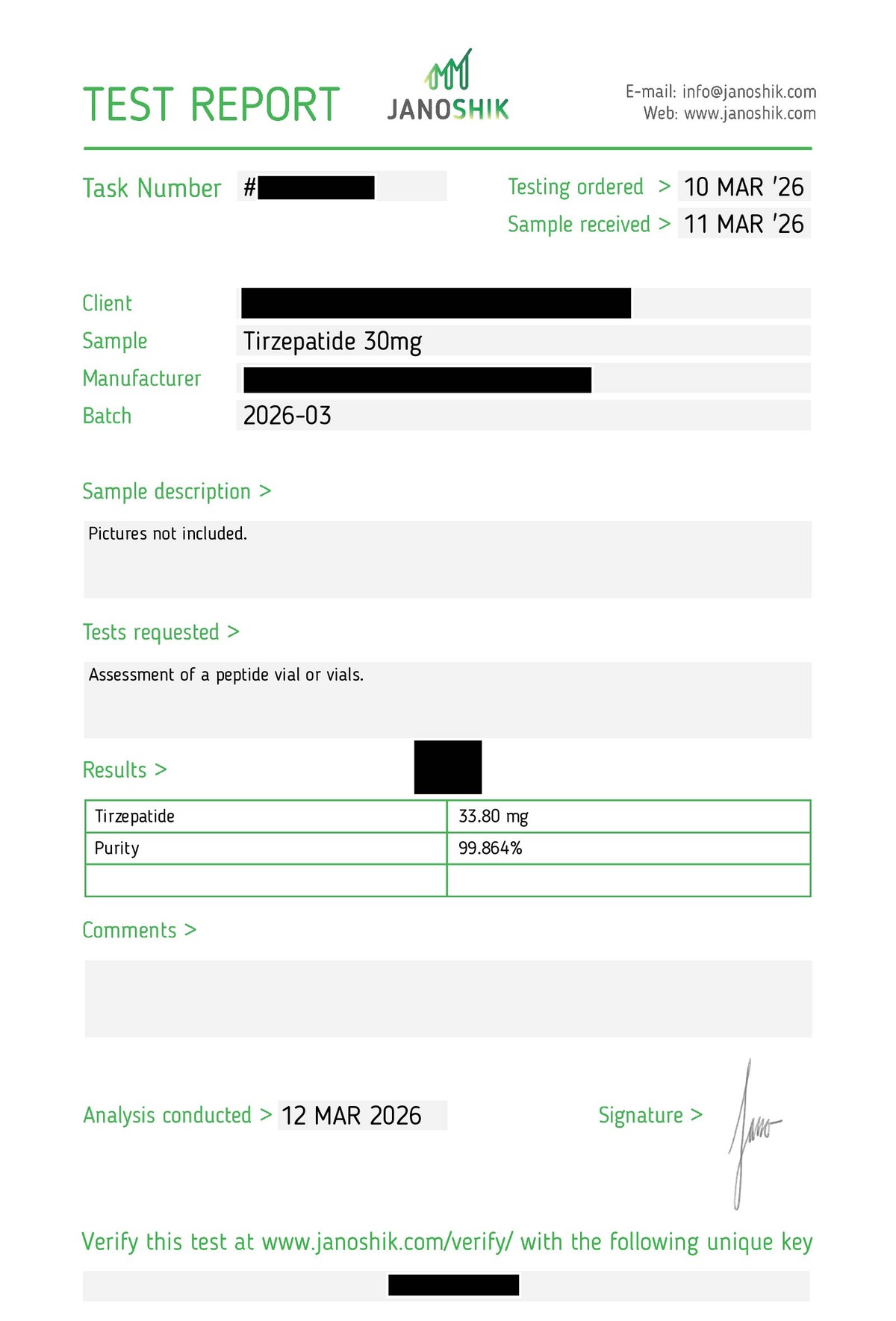 Redacted manufacturer Certificate of Analysis, batch TIRZ30-2603-01